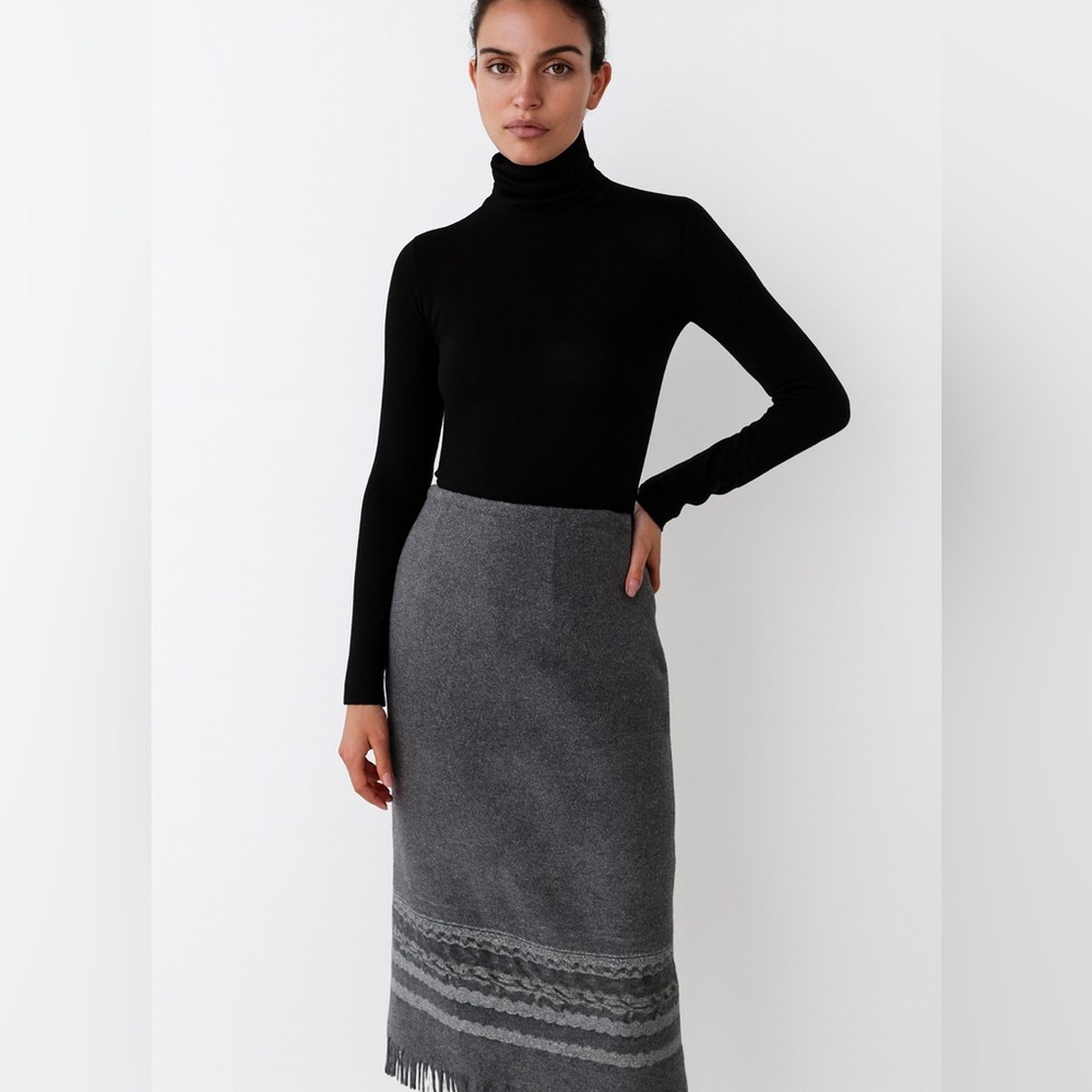 Vintage Talbots Wool Blend Midi Skirt Women Size 14  Gray Fringe Hem Y2K